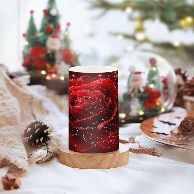 ALAZA Red Glitter Rose Floral Flowers Flickering Flameless Candles Battery Operated with Remote Timer,Tea Light Candles LED Pillar Votive Candles Set of 2 for Outdoor Indoor Decorations