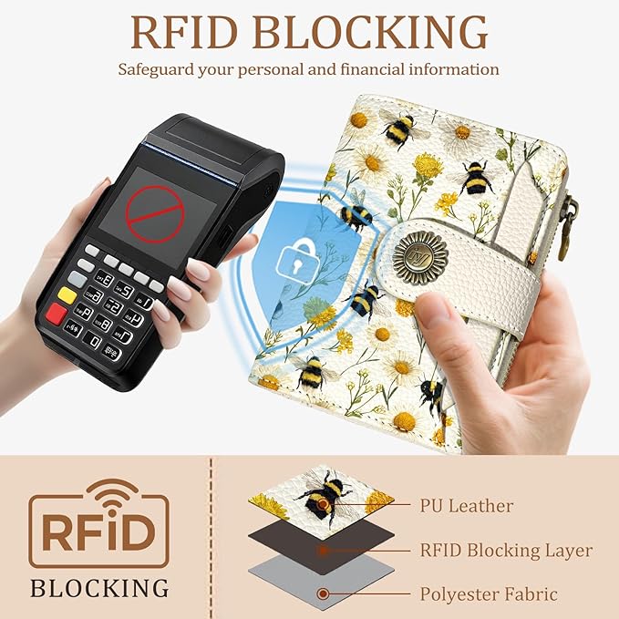 Floral Bee Small Wallet Women RFID Blocking Bifold, Credit Card Holder, Zipper Coin Pocket, PU Leather, Cute, Compact, Travel, 4 ID Window, 14 Card Slots, Cash Purse, Ladies Woman Female Girls