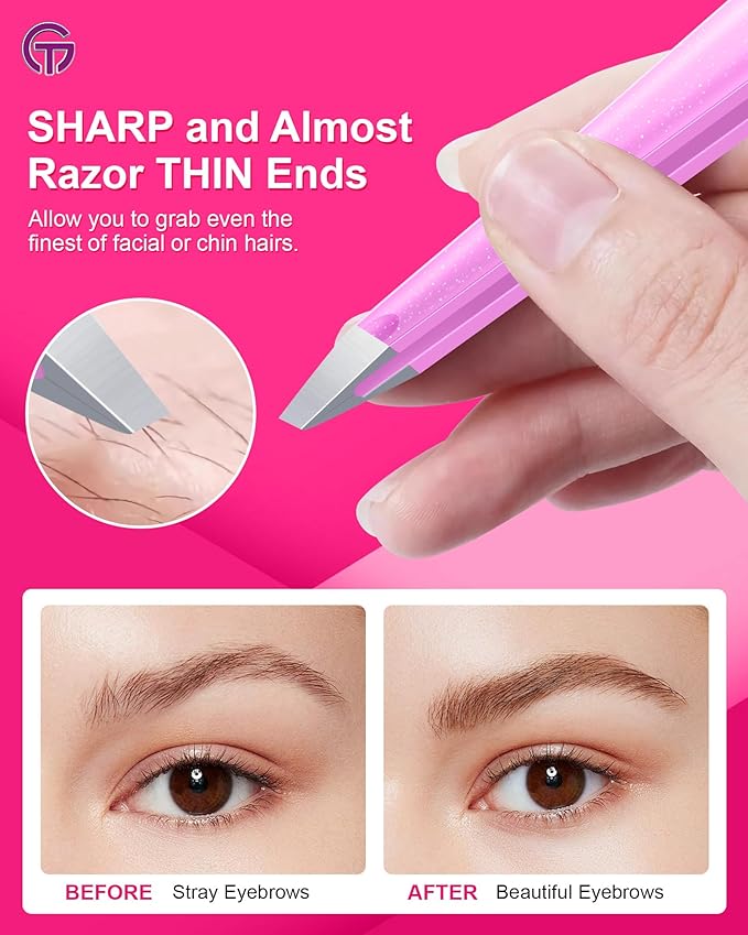 Expert Slant Tip Tweezers with Leather Travel Case, GlamTweeler Sharp & Precision Stainless Steel Tweezer for Eyebrows, Facial Hair and Fine Hairs Removal (Sparkle Violet & Peach)