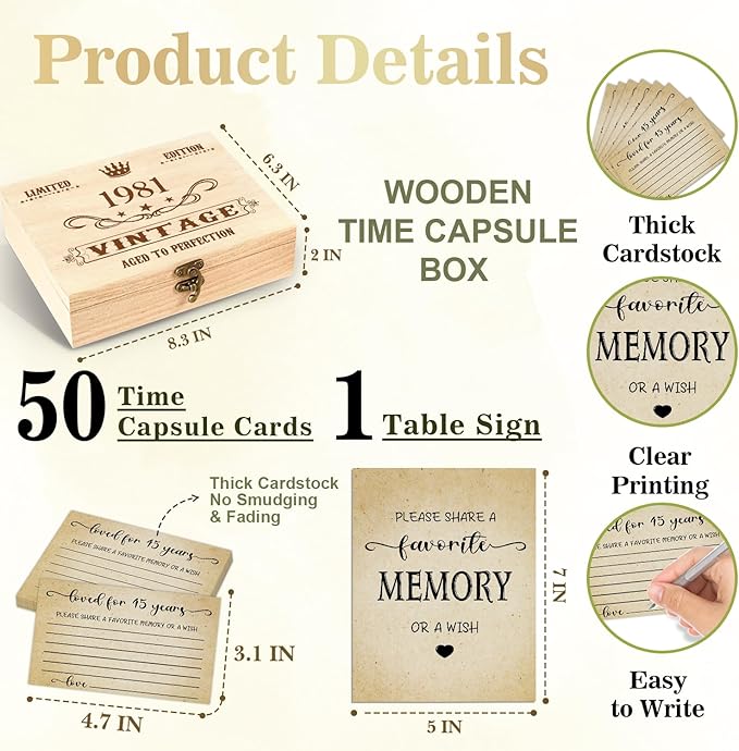 45th Birthday Party Share a Memory Set, 1981 Birthday Gifts for Women Men, 1981 Wooden Share A Memory Box with Memory Sign and 50 Pcs Memory Cards, 1981 Birthday Gifts, 45th Birthday Party Decorations