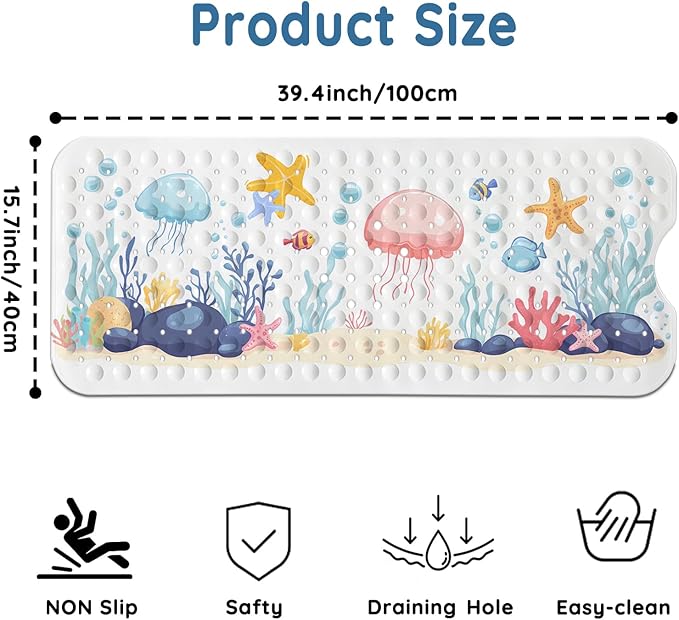 LNOND Bath Mat for Tub for Kids, Sea World Bathtub mat Non Slip, Jellyfish Starfish Coral Bath Mats for Bathroom Non Slip with Drain Holes and Suction Cups,Machine Washable (40 X 16 Inch)