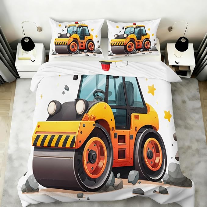 Construction Vehicle Duvet Cover Oversized King Cartoon Road Roller Bedding Set Engineering Truck Comforter Set Construction-Themed Quilt Cover with Zipper Ties for Bedroom