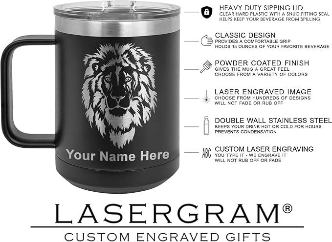 LaserGram 15oz Vacuum Insulated Coffee Mug, Cup of Coffee, Personalized Engraving Included (Black)