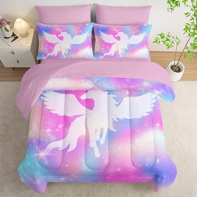 Galaxy Unicorn Bedding Set Twin - Unicorn Comforter Set (7 Piece) - Pegasus Galaxy Kids Bedding, Pink Purple Blue Girls Quilt Set, All Season Microfiber Bed Set with Shams, Flat/Fitted Sheet