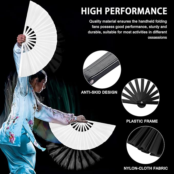 Blulu 4 Pcs 13 Inch Large Folding Hand Fans for Line Dancing Big Clapping Popping Raves Fans Bulk for Dancing Boots on The Ground Festival Party Decoration(Classic Style, Black, White)