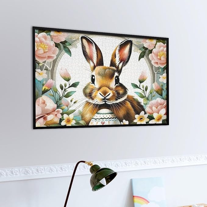Wooden Puzzle - Easter Bunny with Flower Easter Egg Jigsaw Puzzles，Wooden Puzzles for Adults 1000 Pieces Challenge Puzzles，Educational Games，Family Puzzles，Unique Gifts for Wall Art