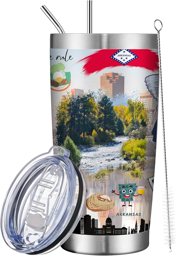 20oz Insulated Tumbler Arkansas State Coffee Mug, United States Map Travel Mug Landmark, Birthday Gifts Cute Custom Tumbler Cups with Lid and Straw Mothers Day Gifts