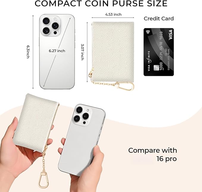 Beige White Keychain Coin Purse for Women, Small PU Leather Change Pouch, Zipper Little Tiny Travel Wallet for Girls, Cute Kawaii Zip Pocket Coin Holder with Key Ring