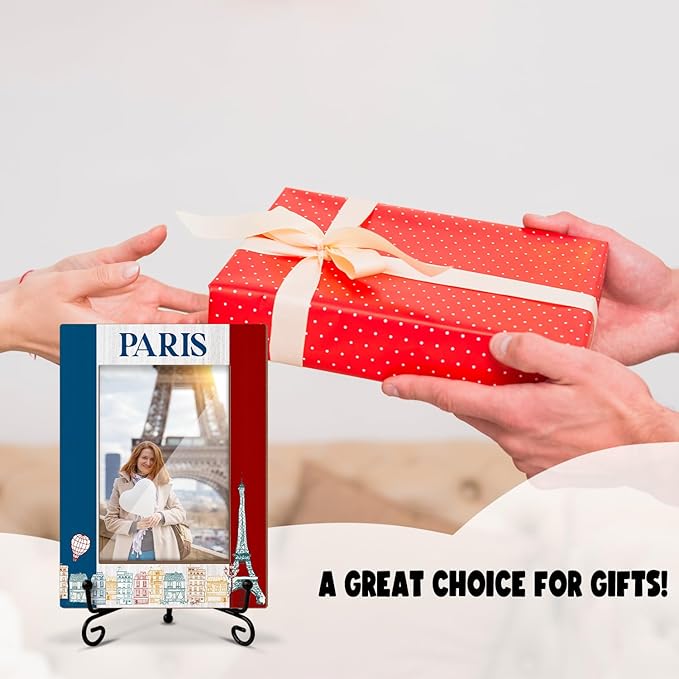 Lesixur Paris Eiffel Tower Travel Photo Frame, Wedding Honeymoon Souvenir Gift for Couples Friends, 4x6 Wooden Picture Frame with Iron Stand for Tabletop Desktop Display, Home Table Decor -043