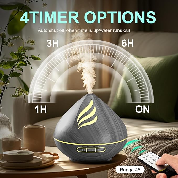 Essential Oil Scent Diffuser: 500ML Aroma Diffuser with Remote Control, Large Fragrance Aromatherapy Diffuser for Bedroom Home, Mist Humidifier & 14 Colors LED Lights and waterless Auto-Off, Dark Grey