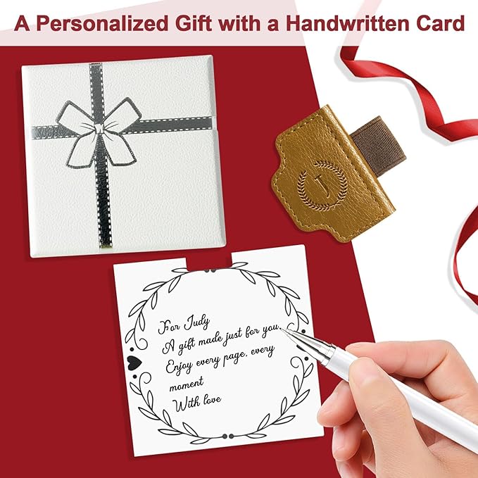 BygoneMark Magnetic Leather Bookmark with Pen Holder, Personalized Custom Initial Page Marker & Pen Clip, Professional Book Accessory for Students (Red-Cross)