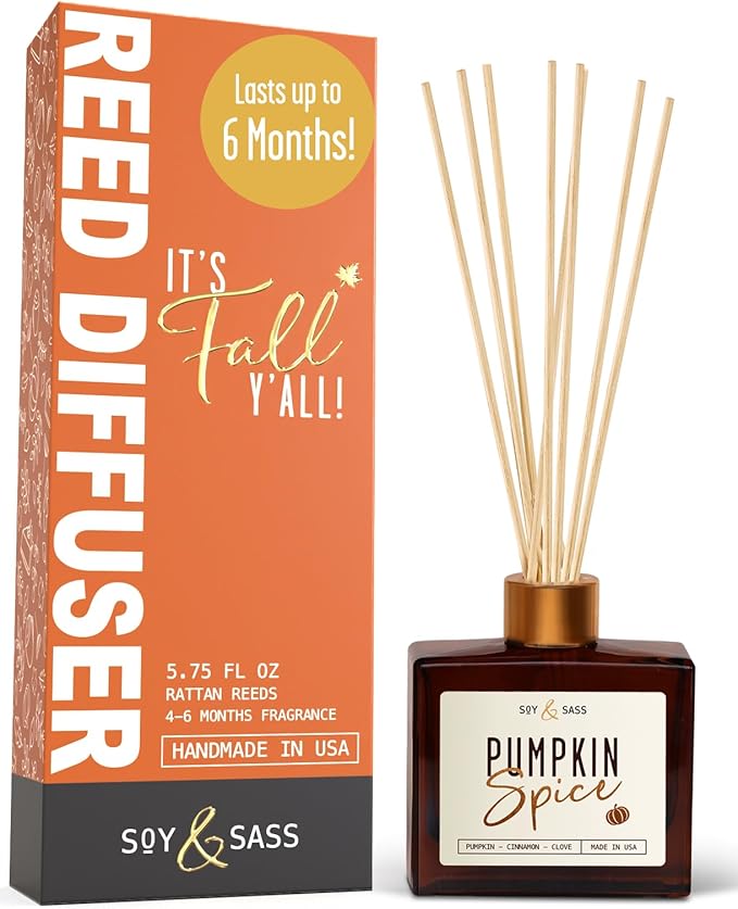 Pumpkin Spice Reed Diffuser, Fall Reed Diffuser Set - Infused w/Essential Oils I Pumpkin Diffuser I Stick Oil Reed Diffusers for Home, 5.75 OZ, Scent Lasts 4-6 Month's, Made in The USA