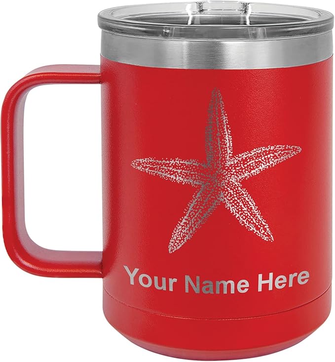 LaserGram 15oz Vacuum Insulated Coffee Mug, Starfish, Personalized Engraving Included (Red)
