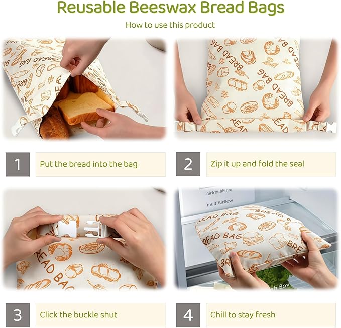 1 Pack XL Beeswax Bread Bags with Zipper Seal – Reusable Cotton Linen Waxed Bread Bags for Homemade Bread, Sourdough Storage, Eco-Friendly Bees Wax Bag Alternative to Plastic (1Pack)