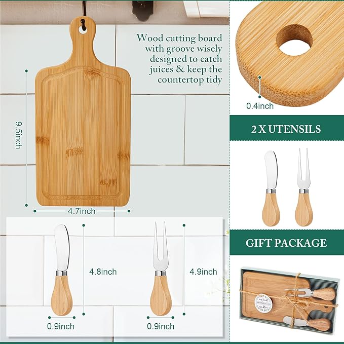24 Set Bridal Baby Shower Cheese Prizes Wooden Square Board Gift Set Knives Forks Thank You Tags with Box for Guests for Valentines Bridal Baby Shower Housewarming Gifts (Bamboo Color)