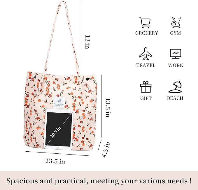 Corduroy Tote Bag Cute Tote Bags for Women Shoulder Bag with Inner Pocket for Work Beach Travel and Shopping Grocery