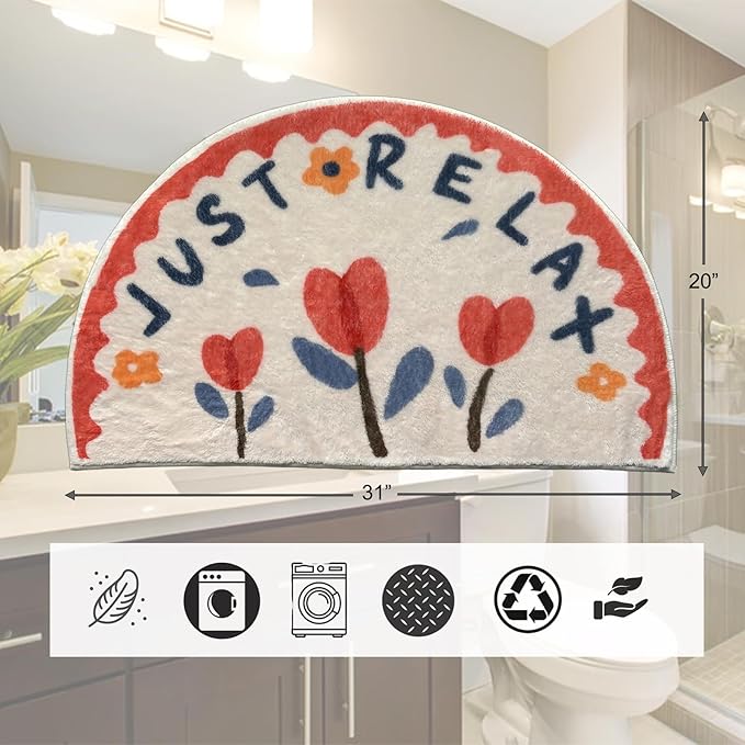 Washable Cute Bath mat for Bathroom,31x20 Half Circle Non-Slip Small Bath Rugs, Absorbent Quick Dry Bath mats, Plush Carpet for Bathtub, Boho Farmhouse Decor