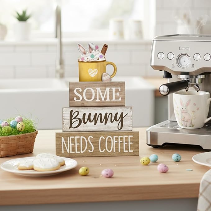 4 Pcs Easter Table Decorations Wooden Coffee Bunny Tiered Tray Decor Happy Easter Centerpiece for Tables Decorative Rabbit Block Signs Gifts Farmhouse Rabbit Decor for Home Kitchen Shelf