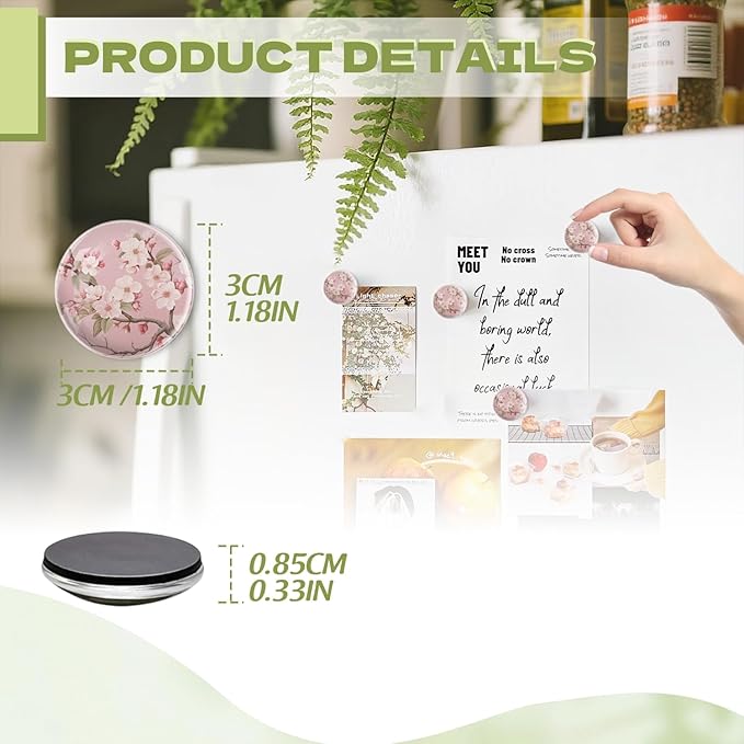 Fridge Magnets 6 Pcs Cherry Blossom Mural in The Style of Traditional Chinese Painting Round Strong Magnetic Glass Small Refrigerator Magnet,Home Decoration for Whiteboards,Classrooms,Cabinet
