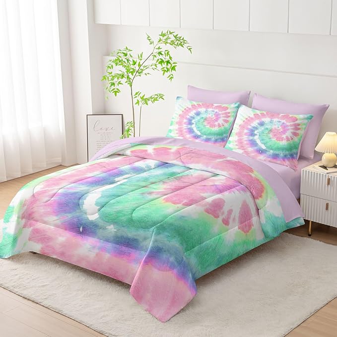 7Pcs Comforter Set Blue Pink Green Spiral Printed Bedding Set with 1 Comforter, 1 Flat Sheet, 1 Fitted Sheet and 4 Pillowcases for Boys and Girls Bedroom All Season(Spiral Twin)