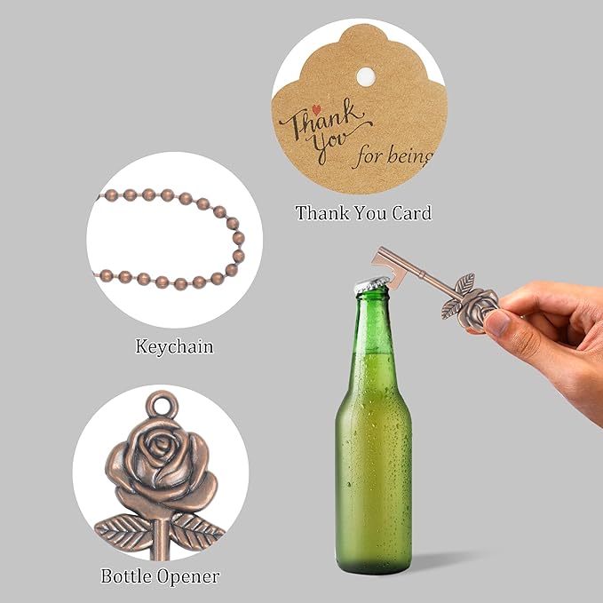Aokbean 100 PCS Wedding Favors Rose Key Bottle Opener for Bulk Wedding Guests Gifts Vintage Skeleton Key Opener with Escort Tag Cards and Keychain (Copper)