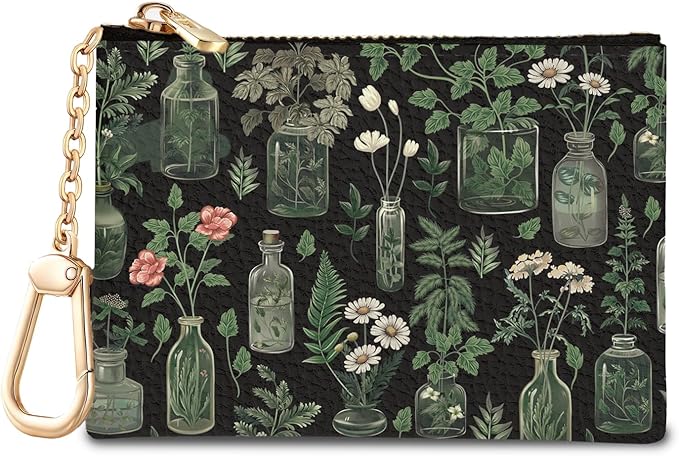 Vintage Plants Keychain Coin Purse for Women, Small PU Leather Change Pouch, Zipper Little Tiny Travel Wallet for Girls, Cute Kawaii Zip Pocket Coin Holder with Key Ring