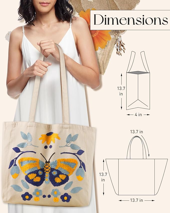Miss Adola Aesthetic Embroidery Tote Bag for Women - Reusable Canvas Cute Shoulder Bag for Shopping, Grocery, Work, Book
