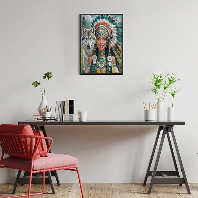 Wooden Puzzle - Indian Beauty & Wolf，Native American Jigsaw Puzzles，Wooden Puzzles for Adults 300 Pieces Unique Gifts for Wall Art，Challenge Puzzles，Educational Games，Family Puzzles
