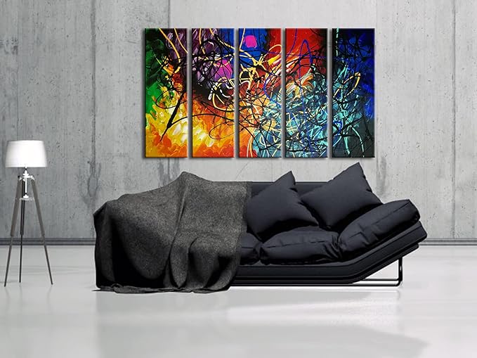 Wieco Art Colorful Abstract Heart Oil Paintings on Canvas Wall Art Ready to Hang for Living Room Bedroom Home Office Decorations Modern 5 Panel 100% Hand Painted Stretched and Framed Artwork