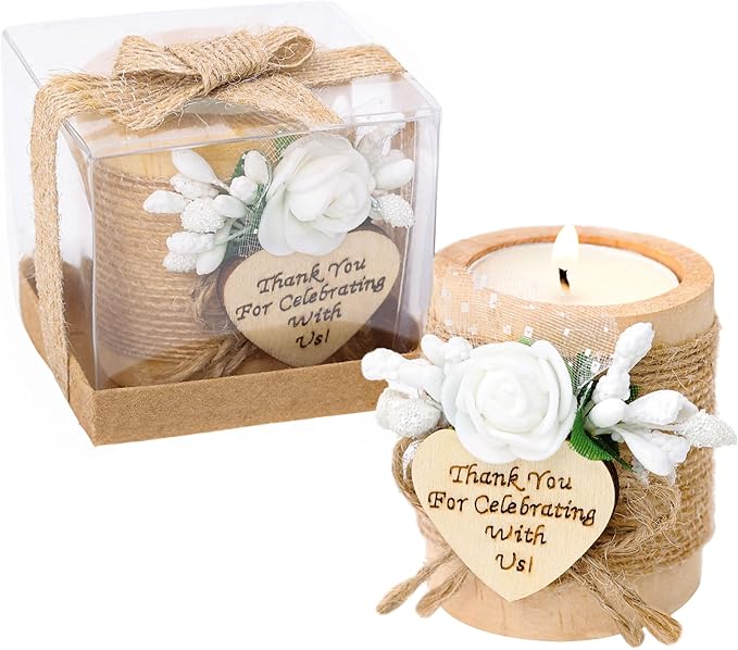 Ju's Favors 10 Piece Set of Wooden Tealight Candle Holders, Wedding Party Guest Favors, Thank You Favors, Guest Return Favors, Bridal Shower, Housewarming Gifts for Guests. (Light Brown+Rose)