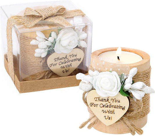 Ju's Favors 10 Piece Set of Wooden Tealight Candle Holders, Wedding Party Guest Favors, Thank You Favors, Guest Return Favors, Bridal Shower, Housewarming Gifts for Guests. (Light Brown+Rose)