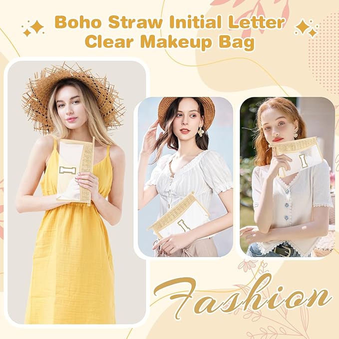 Personalized Initial Letter Bag Boho Straw Clear Makeup Bag,Small Cute Chenille Varsity Letter Pouch With Zipper,Beach Travel Toiletry,Portable Monogrammed Cosmetic Bag for Women Girls,I