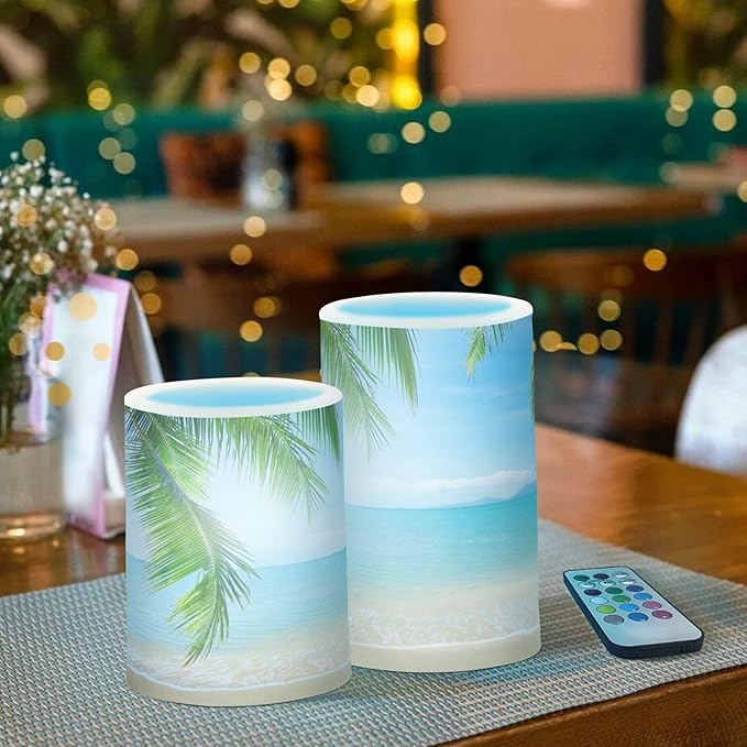 ALAZA Summer Beach with Green Coconut Trees Flickering Flameless Candles Battery Operated with Remote Timer,Tea Light Candles LED Pillar Votive Candles Set of 2 for Outdoor Indoor Decorations