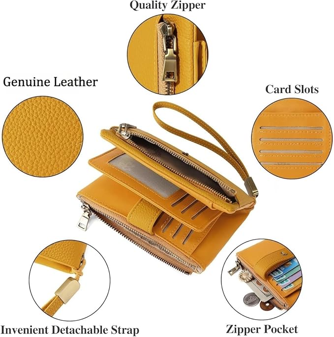 Practical Genuine Leather Wristlet Wallet for Women with Double Zipper Coin Purse and Card Organization (yellow)