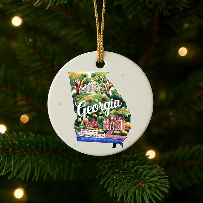 USA State Landmark Ceramic Ornament – Round Glossy Christmas Decoration Featuring U.S. State Art, Landmarks & Holiday Scenery – Collectible Travel Souvenir Ornament Series (Georgia)