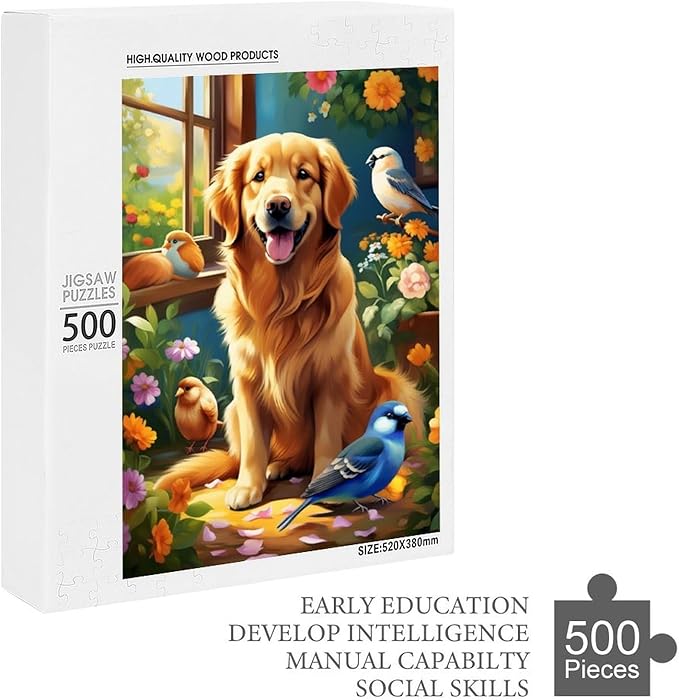 Wooden Puzzle - Garden Golden Retriever Jigsaw Puzzles，Wooden Puzzles for Adults 500 Pieces Challenge Puzzles，Educational Games，Family Puzzles，Unique Gifts for Wall Art