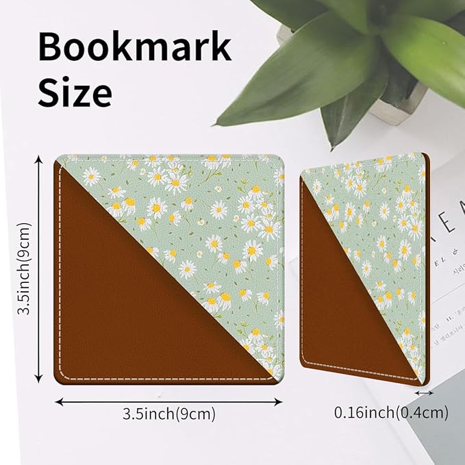 Cute Leather Bookmarks, Fun Triangle Making Corner Bookmark, Book Accessories for Reading Book Lovers, Unbreakable Page Markers for Women Men Cute Green Daisy