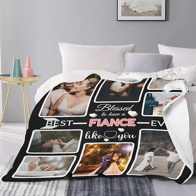 Custom Blanket Gifts for Fiance, Customized Blankets with Photos, Make a Personalized Bed Throws to My Fiance, Custom Souvenir Throw Blanket for Best Fiance Ever, 8 Collages Made in USA