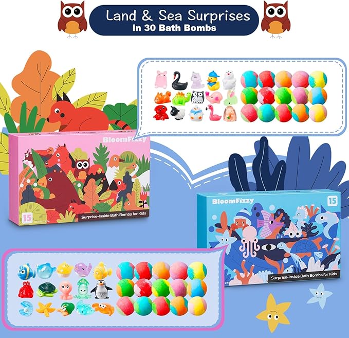 30 Kids Bath Bombs with Surprise Inside – Gift Set with 30 Unique Land & Sea Animal Toys, Fun, Educational, and Child-Safe Natural Bath Bombs with Toys, Great Gift for Kids’ Birthdays & Christmas