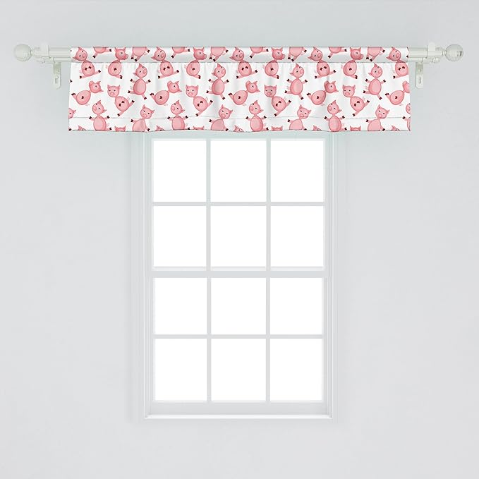 Ambesonne Pig Window Valance, Cartoon Sitting and Smiling Pigs Pattern Farmer Domestic Animal Concept, Curtain Valance for Kitchen Bedroom Decor with Rod Pocket, 54" X 12", Pale Pink White