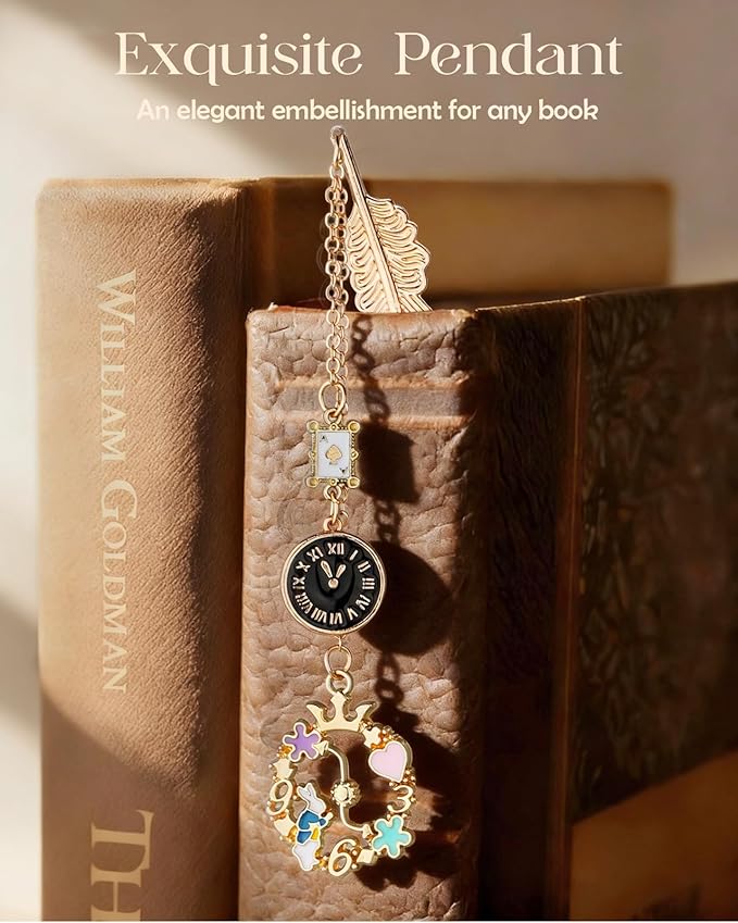 Buleens Bookmarks for Women Reading - Book Marks for Readers Book Lovers, Cute Gold Feather Luxury Fairy Personalized Metal Bookmark with Pendants, Pretty and Aesthetic Book Accessories Reading Gifts