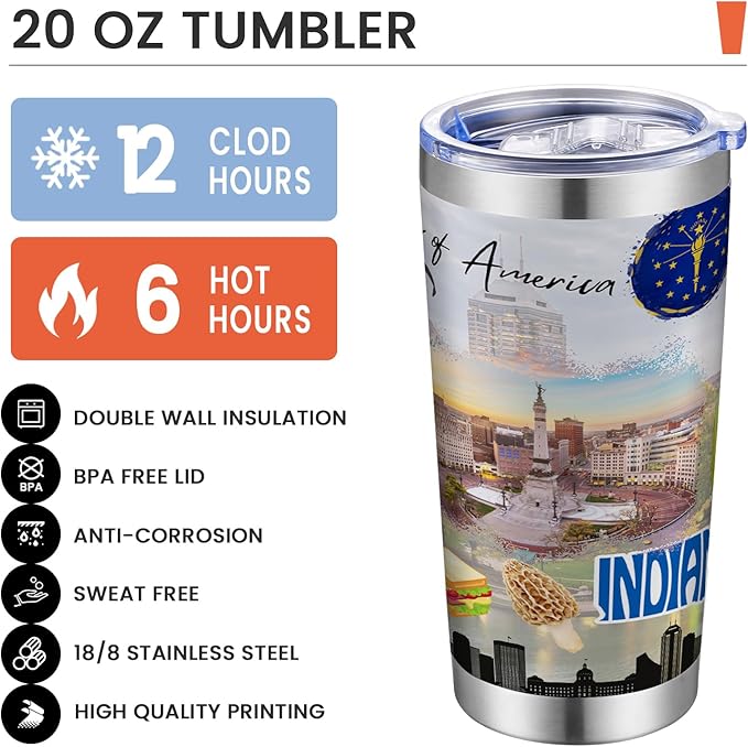 20oz Insulated Tumbler Indiana State Coffee Mug, United States Map Travel Mug Landmark, Birthday Gifts Cute Custom Tumbler Cups with Lid and Straw Mothers Day Gifts