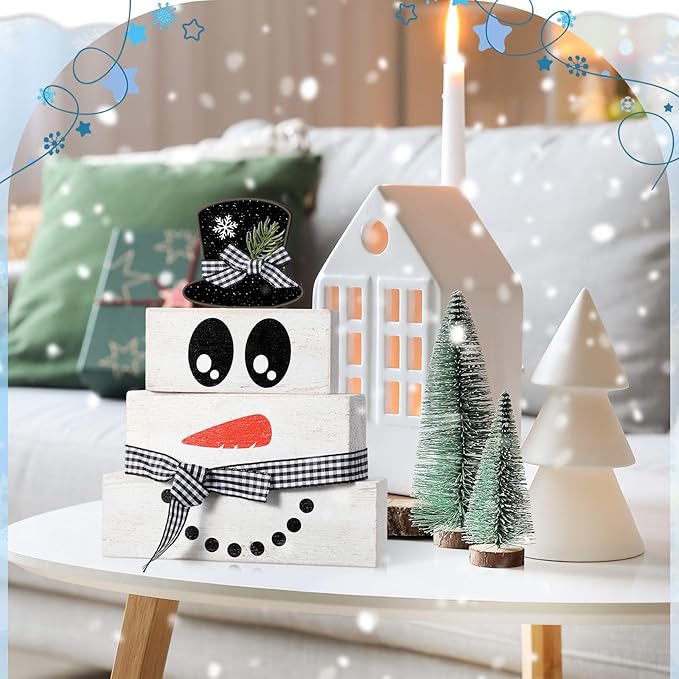 4 Pcs Winter Table Decoration Wooden Snowman Decor Black and White Winter Tiered Tray Decor Rustic Snowman Face Wood Block Sign Gift Christmas Centerpiece Farmhouse for Wonderland Home