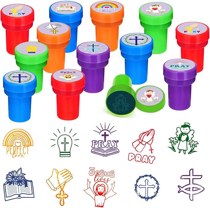 Cinrobiye 24 PCS Christian Party Stampers，Religious Bible Favors for Boys Girls, Easter Nativity Party Supplies, Classroom Rewards, Carnival Prizes, Goodie Bag & Pinata Fillers