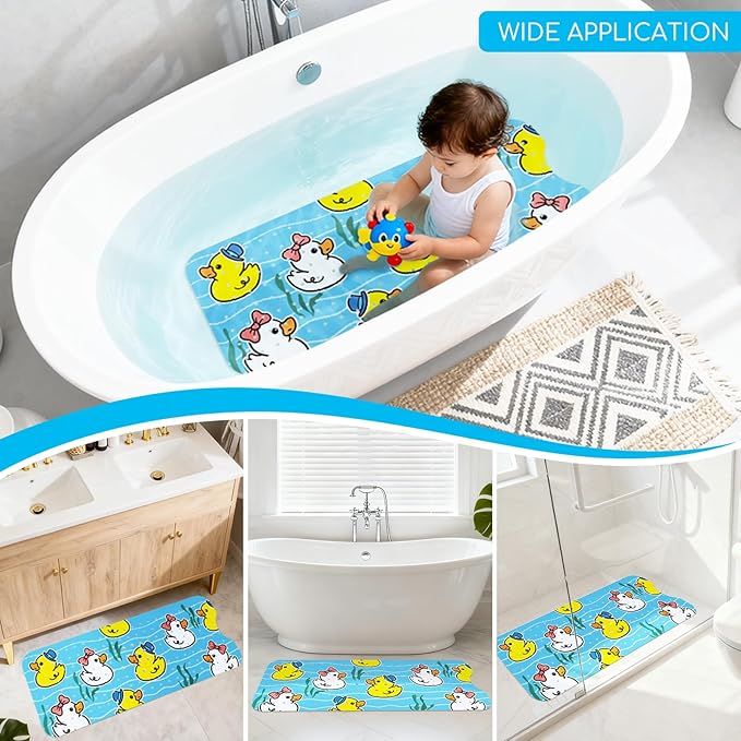 Baby Bath Mat for Tub, Non Slip Kids Bath Shower Mat, 40 X 16 Inch Large Bathtub Mat with Drain Holes and Suction Cups for Toddlers, Machine Washable and Waterproof (Duck)