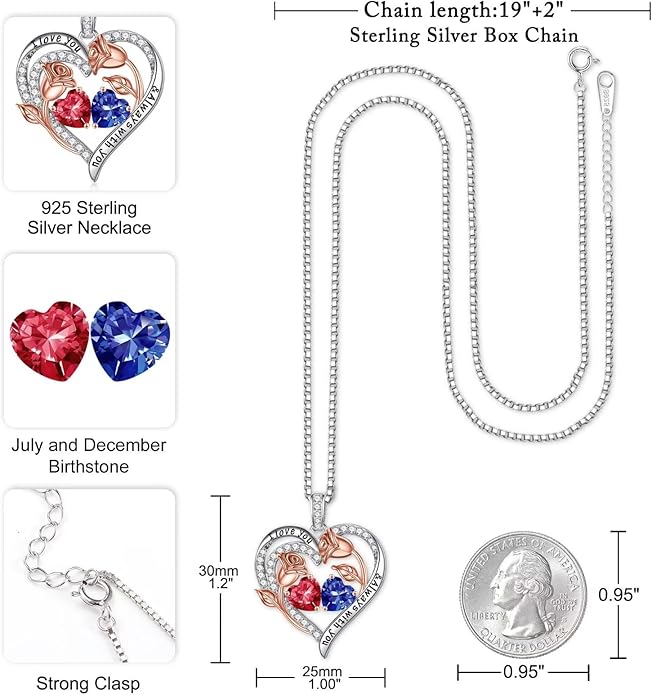 Iefil Valentines Day Gifts for Her - 925 Sterling Silver Rose Heart Birthstone Necklace Birthday Anniversary Jewelry Gifts for Her Wife Mom Daughter