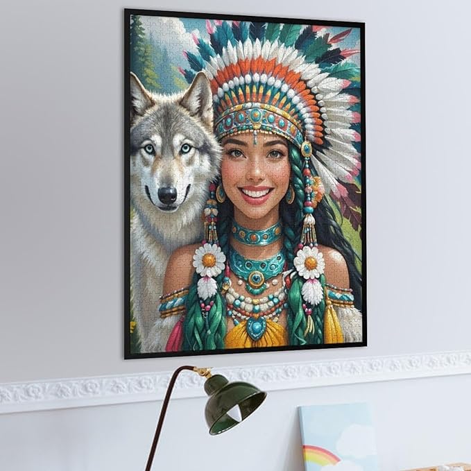Wooden Puzzle - Indian Beauty & Wolf，Native American Jigsaw Puzzles，Wooden Puzzles for Adults 1000 Pieces Unique Gifts for Wall Art，Challenge Puzzles，Educational Games，Family Puzzles