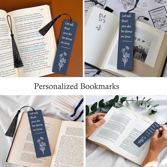 Flower Love 5 Pcs Bookmarks Bible Verses Dark Blue Wooden Bookmarks with Tassel for Students Reader Teachers Book Lovers