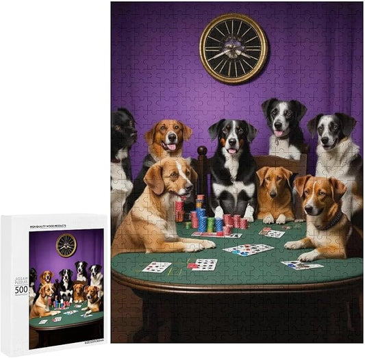 Wooden Puzzle - Dogs Playing Poker Jigsaw Puzzles，Wooden Puzzles for Adults 500 Pieces Challenge Puzzles，Educational Games，Family Puzzles，Unique Gifts for Wall Art