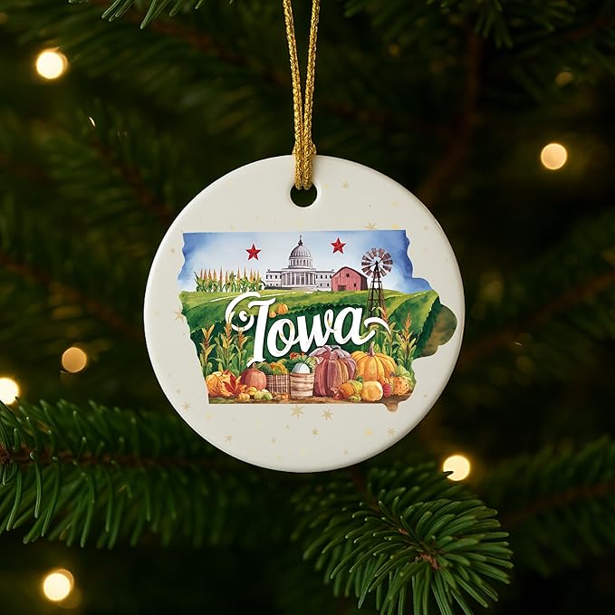 USA State Landmark Ceramic Ornament – Round Glossy Christmas Decoration Featuring U.S. State Art, Landmarks & Holiday Scenery – Collectible Travel Souvenir Ornament Series (Iowa)